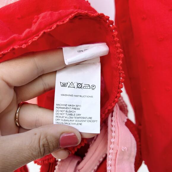 Farm Rio Red Pink Colorblock Wrap Long Sleeve Top Blouse Small Tie Front - Picture 10 of 10